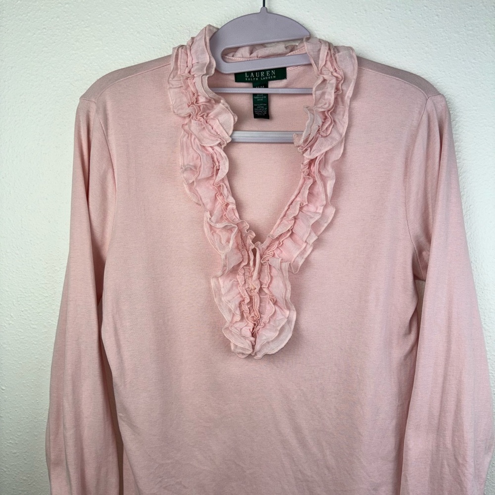 Ralph Lauren Women Ruffle Pink Long Sleeve Shirt Medium 100% Cotton